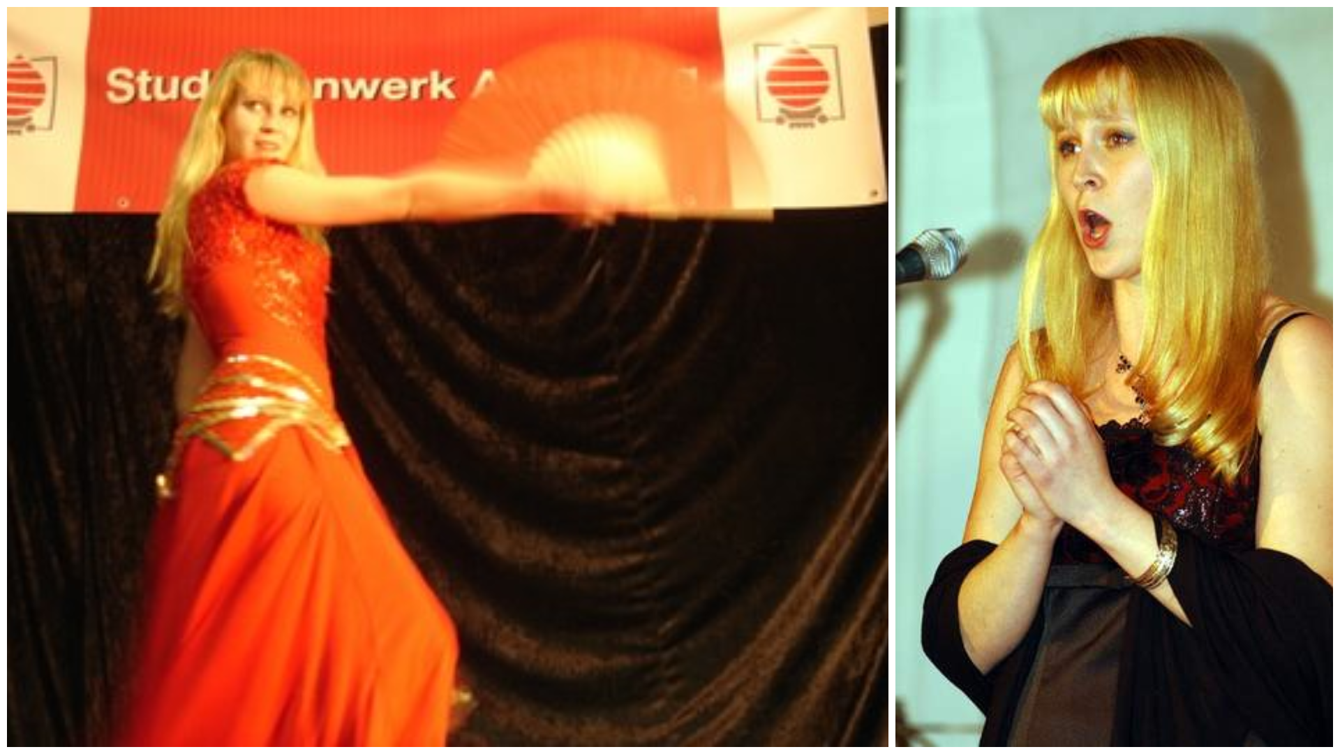 Dorothee bei den ersten CampusKunst-Veranstaltungen. Im ersten Jahr führte sie noch Bauchtanz auf, bei der nächsten CampusKunst traute sie sich zu singen. Fotos: Thomas Blum.